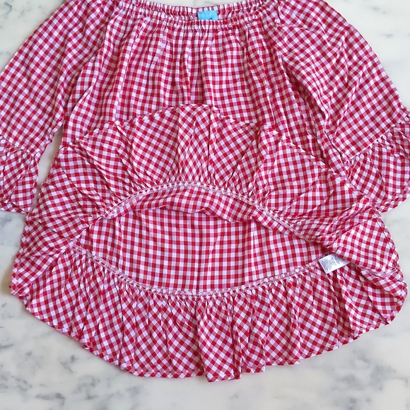 NWOT. 100% Viscose Red and White Plaid Loose Fit Blouse with ruffle edges. - Picture 5 of 5